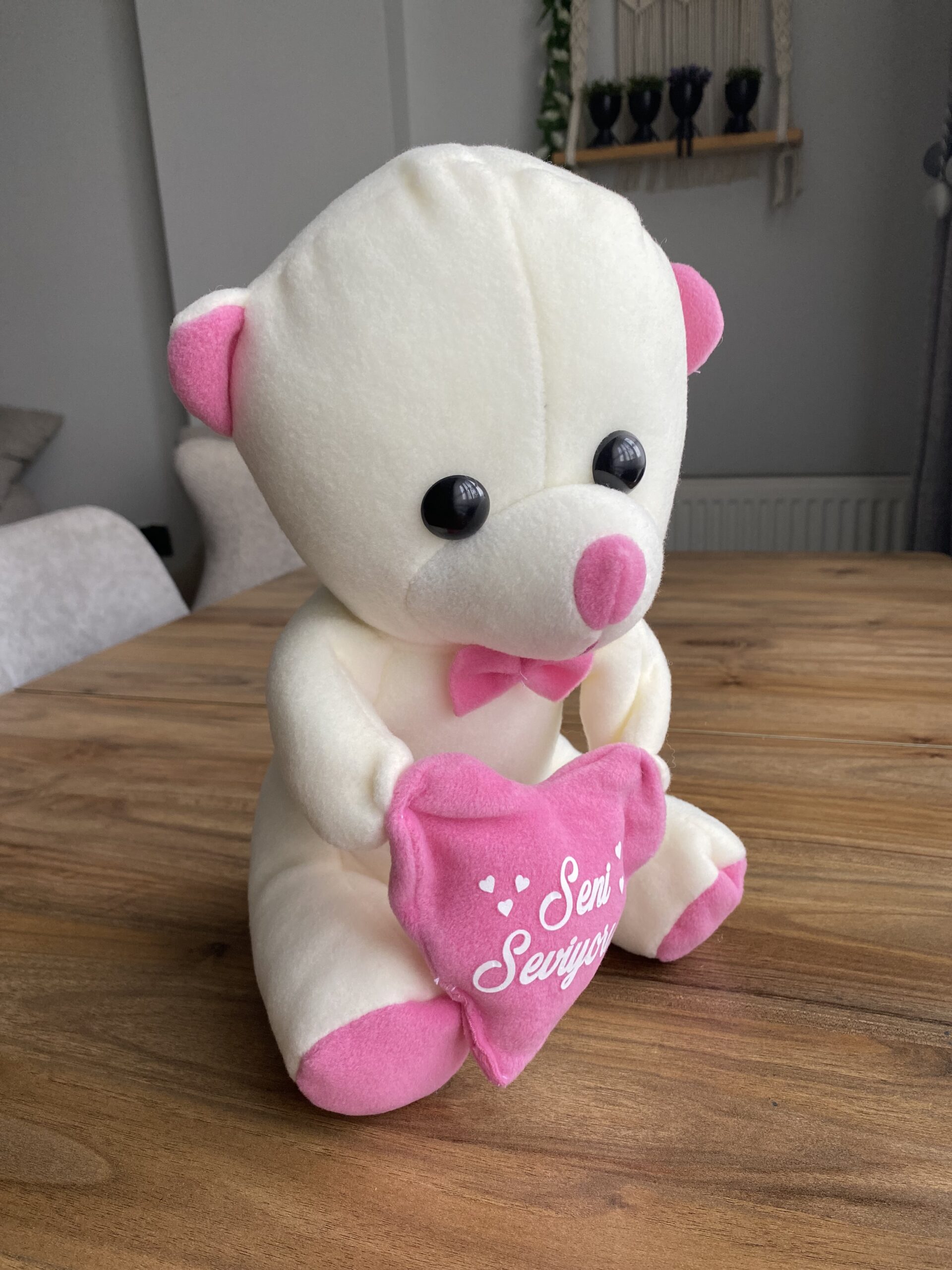 Beyaz-Pembe Pelüş Kalpli Ayıcık 35 cm - Görsel 2