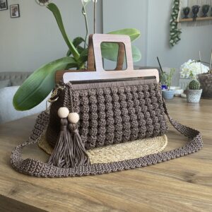 Polyester Makrome İp El Örgüsü Kadın Omuz ve El Çantası Ahşap Saplı